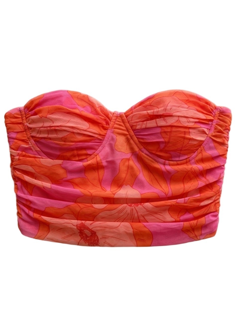 ZARA Pink Orange Floral Mesh Ruched Corset Bustier Strapless Top Medium